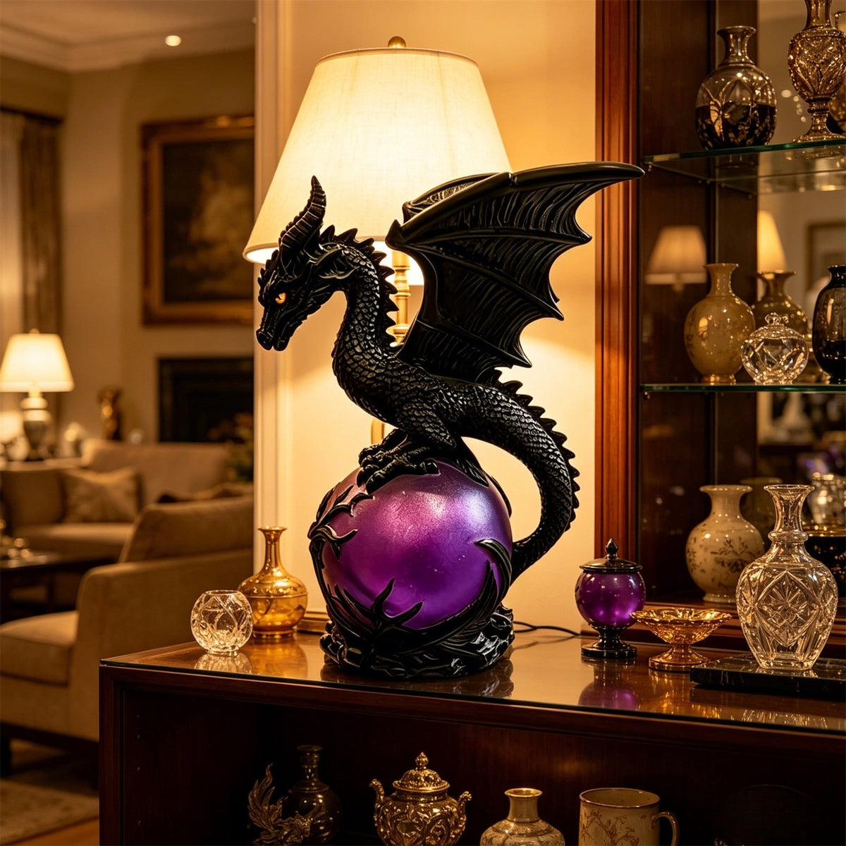 Gothic Dragon Purple LED Crystal Ball Lamp for Dark Aesthetic Decor, Fantasy Resin Dragon Night Light, Witchy Table Lamp, USB Powered Mystic Orb Light for Bedroom Shelf Altar Halloween Decoration