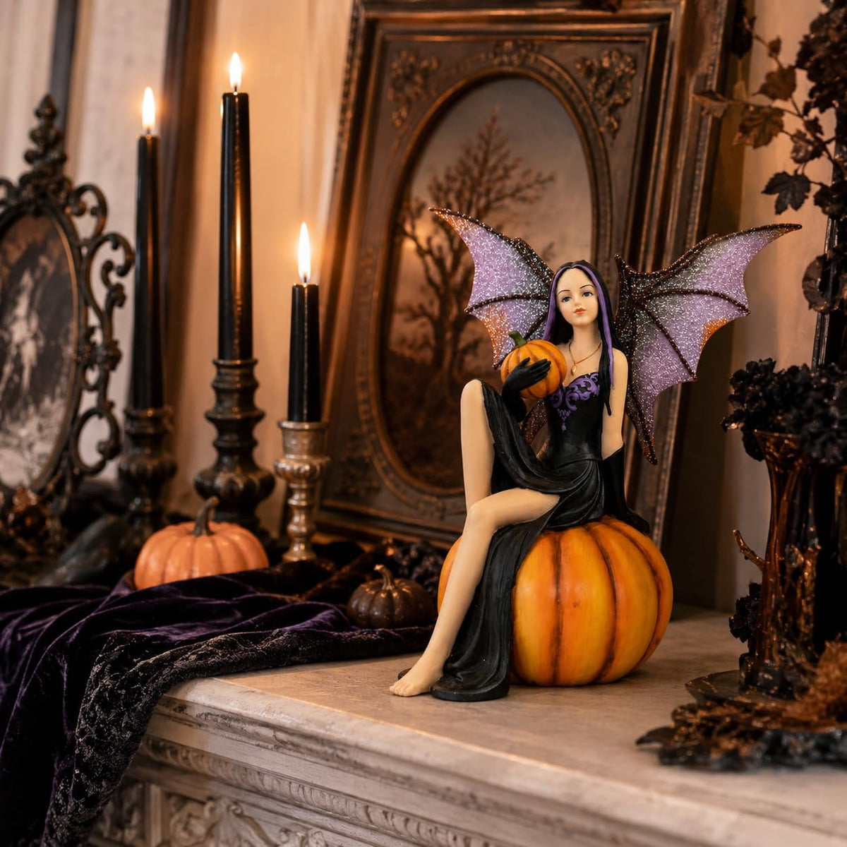 Comfy Hour 5.9 Inch Solid Resin Halloween Fairy Figurine, Orange Pumpkin Gothic Decor