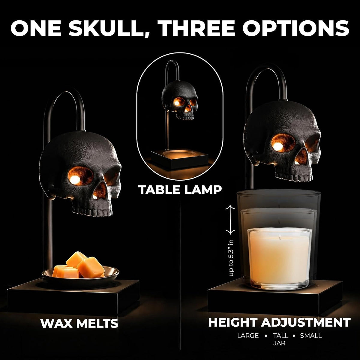 Skull Candle Warmer Lamp with Timer and Dimmer *Candles NOT Included – Black Gothic Candle Lamp Warmer w/Adjustable Height, 2 Light Bulbs – Skull Decor, Goth Gothic Decor Spooky Home & Witchy Gifts