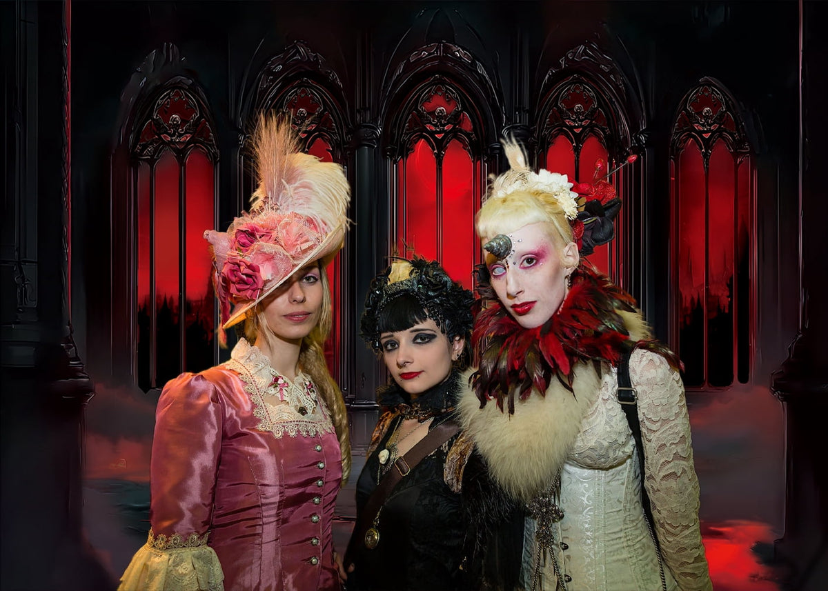 8x6FT Halloween Vintage Gothic Castle Backdrop Red Medieval Hall Photography Background for Halloween Haunted House Party Decorations Photo Props Vinyl