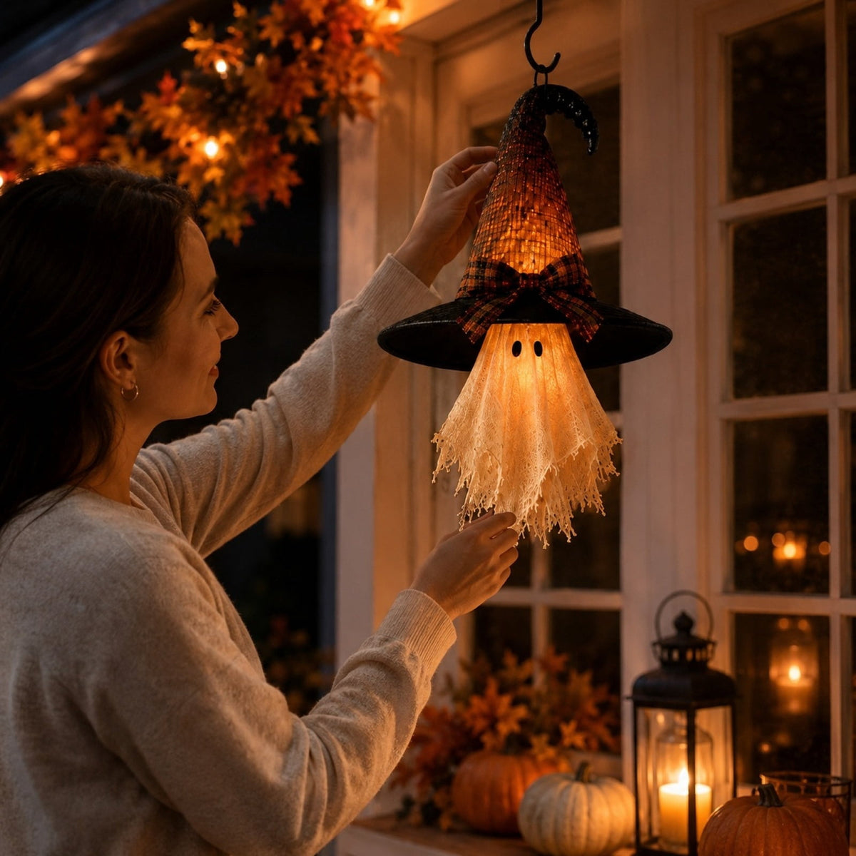 Witch Hat Ghost Pendant Light, Warm LED Hanging Ghost Ornament, Vintage Style Halloween Decor for Window, Porch and Indoor Party Display, 5.91 Inch Height