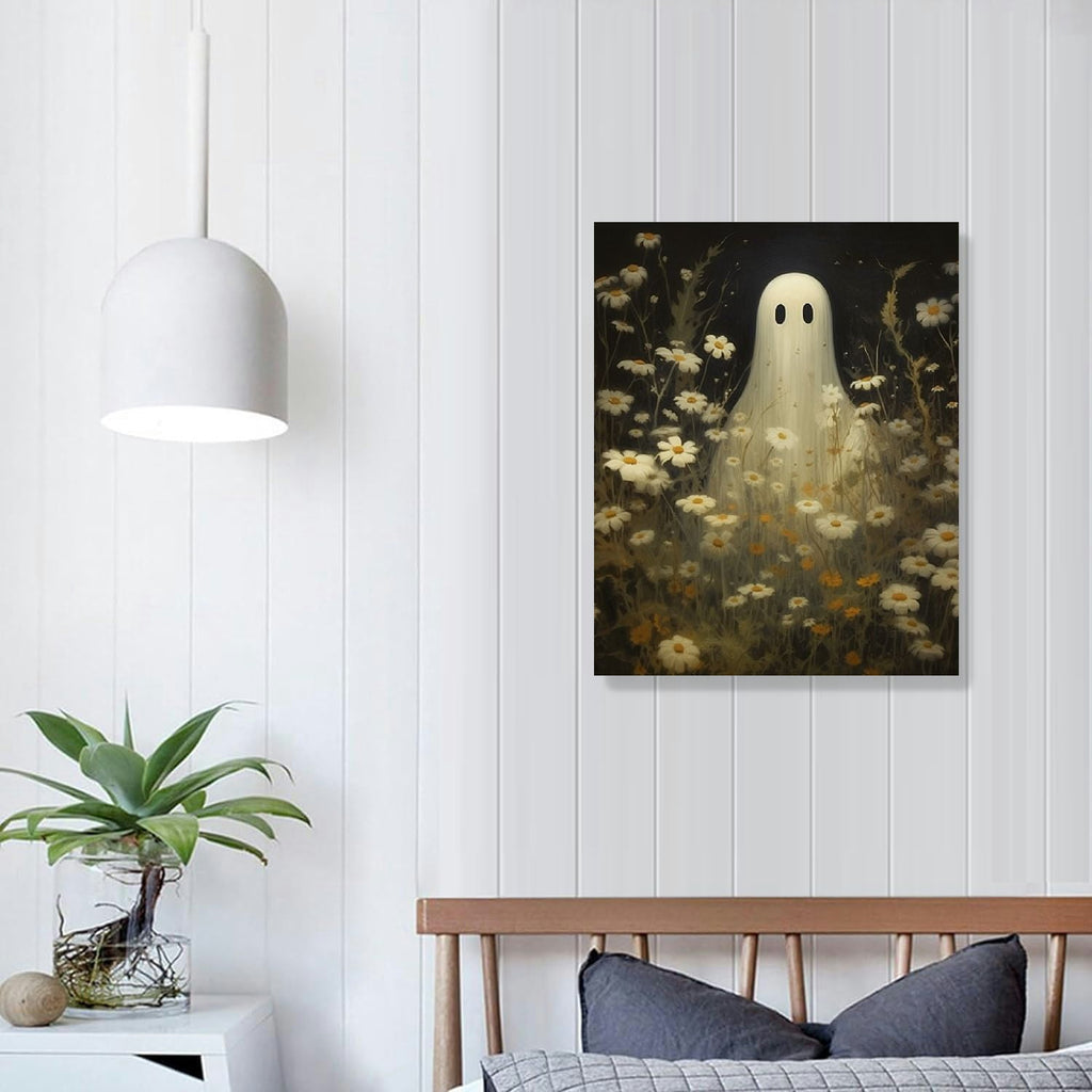 JRXY Ghost Painting Floral Print Dark Romantic Art Halloween Decoration Wall Art Academia Gothic Decor Framed Canvas 16x20in 12x16 in