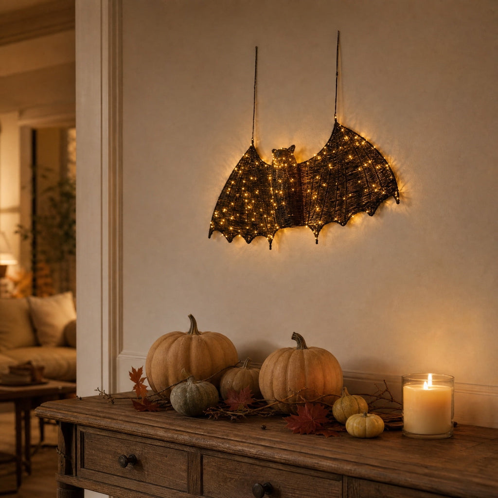 YiFudd Wicker Bats, Woven Bat Decor, Halloween Wall Decor Light Up Bat Wall Decoration for Indoor Outdoor, Black