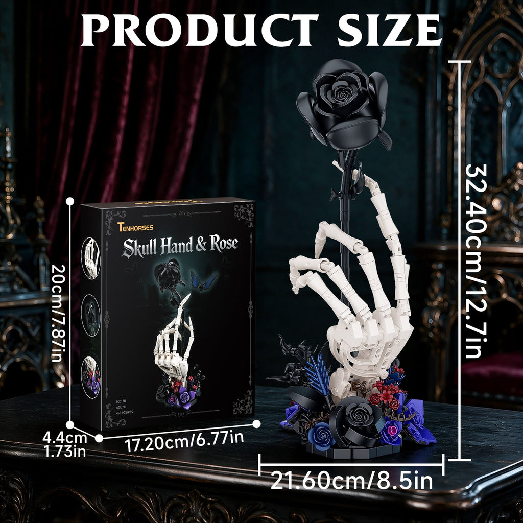 Skeleton Hand with Black Rose Building Set, 2-in-1 Movable Gothic Skull Flower Building Kit, 453Pcs Dark Tabletop Decor, Halloween Gift for Adults