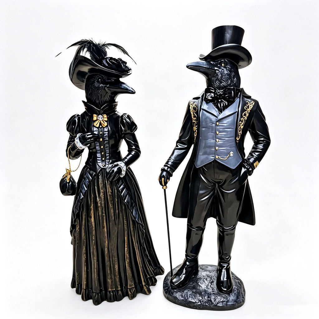 Gothic Raven Figurine Set, Victorian Raven Couple Statue, Elegant Gentleman and Lady Resin Decor, Dark Academia Tabletop Ornament for Halloween Mantel Shelf Vintage Home Display