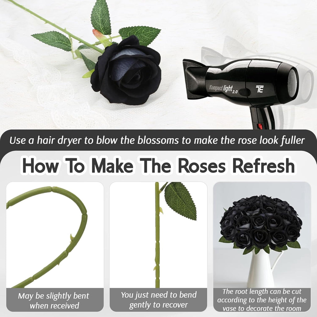 24Pcs Black Velvet Artificial Roses, Realistic Fake Roses Bouquet, Gothic Dark Silk Flowers for Wedding Centerpiece, Halloween Decor, Home Table Decor