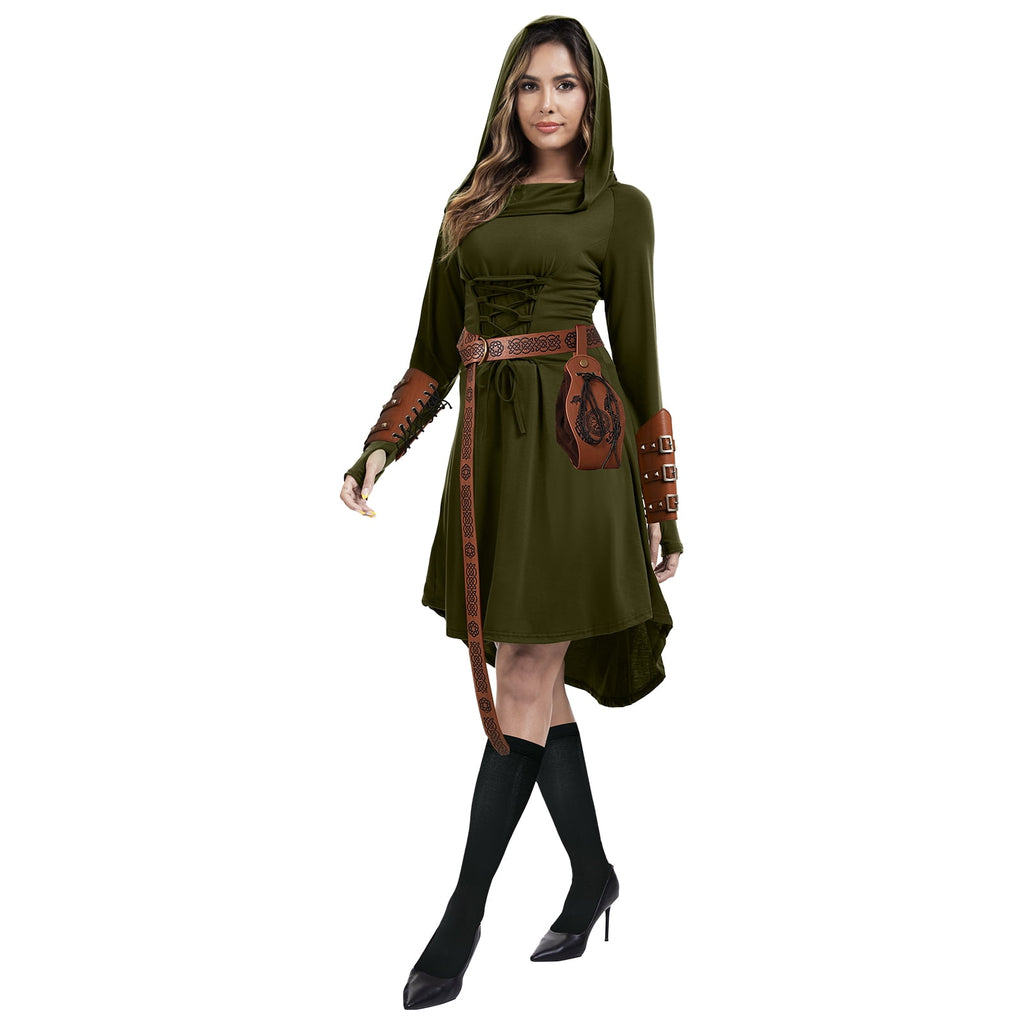 MYATED 5 Pcs Womens Renaissance Costumes Medieval Vintage Hooded Dress, Gothic Costume Fairy Dress Suitable for Halloween Cosplay (Green,M)