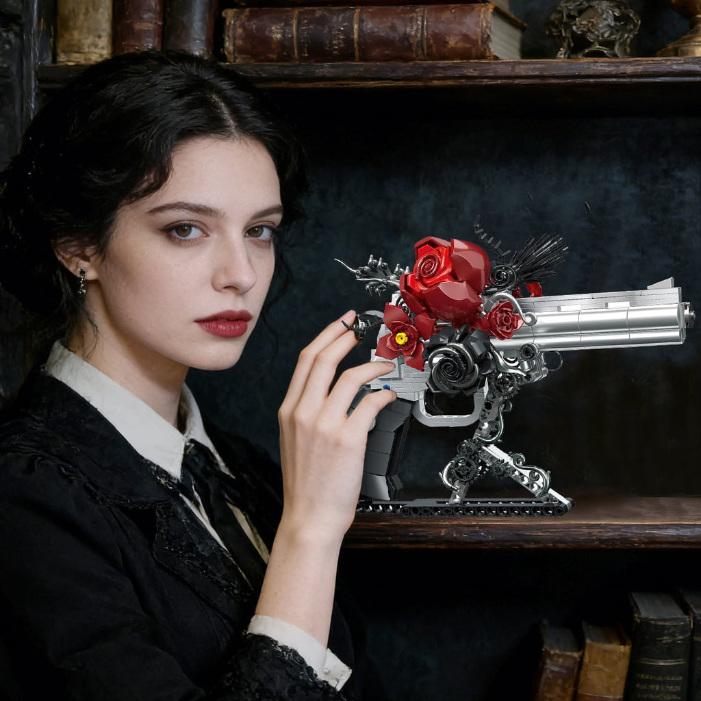 Cabeeskii Gothic Rose Revolver Building Block Set, 631 Pcs Movable Model with Red Roses, 9.2"x7.9" Dark Art Sculpture for Home Decor