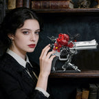 Cabeeskii Gothic Rose Revolver Building Block Set, 631 Pcs Movable Model with Red Roses, 9.2"x7.9" Dark Art Sculpture for Home Decor