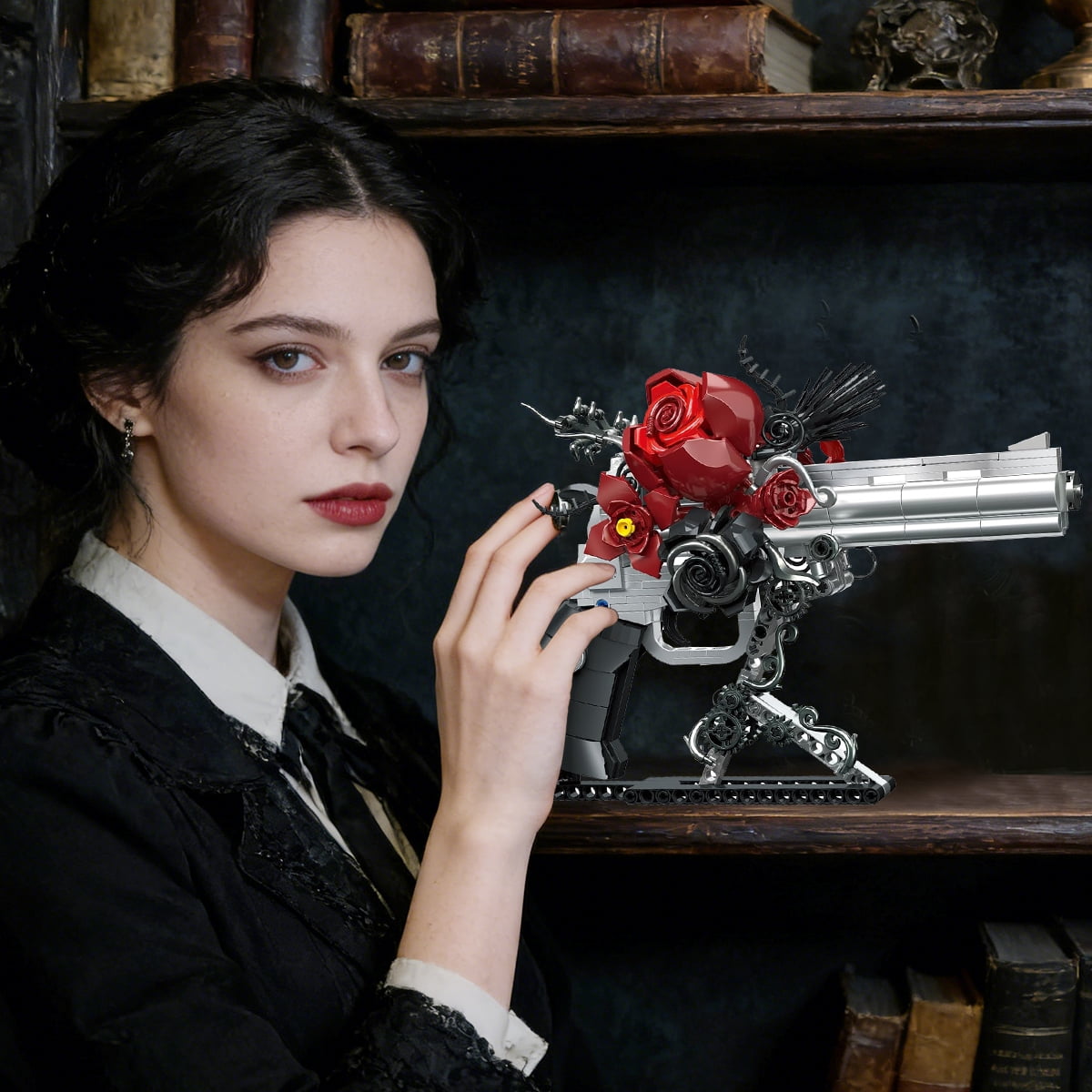 Cabeeskii Gothic Rose Revolver Building Block Set, 631 Pcs Movable Model with Red Roses, 9.2"x7.9" Dark Art Sculpture for Home Decor
