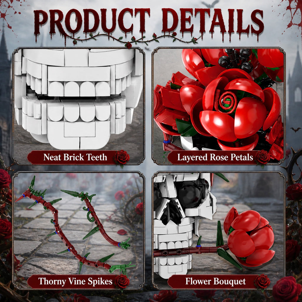 Skull Roses Flower Bouquet Building Set, Horror Skeleton Botanical Brick Kit for Adults, Gothic Decor with Red Roses, Unique Goth Gift for Halloween & Valentine's Day (1065PCS)