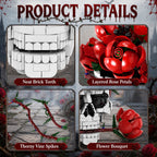 Skull Roses Flower Bouquet Building Set, Horror Skeleton Botanical Brick Kit for Adults, Gothic Decor with Red Roses, Unique Goth Gift for Halloween & Valentine's Day (1065PCS)