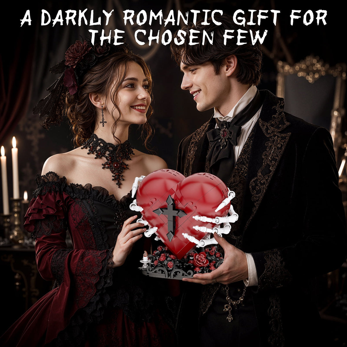 Sacred Heart Building Blocks Set - Gothic Red Heart Model, Dark Art Romantic Gift for Adults, Spooky Home Decor with Rose Base, 566Pcs