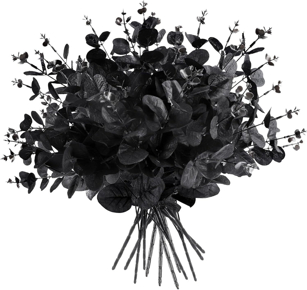12 Pcs Black Eucalyptus Stems, 13" Fake Flowers DIY Black Silk Artificial Flowers Faux Spooky Branches for Home Halloween Farmhouse Gothic Floral Arrangements Decor