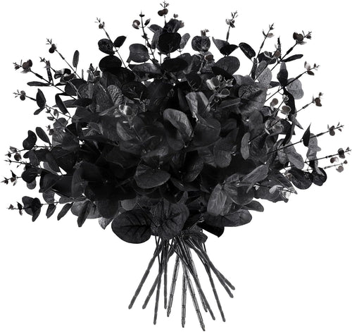 12 Pcs Black Eucalyptus Stems, 13" Fake Flowers DIY Black Silk Artificial Flowers Faux Spooky Branches for Home Halloween Farmhouse Gothic Floral Arrangements Decor