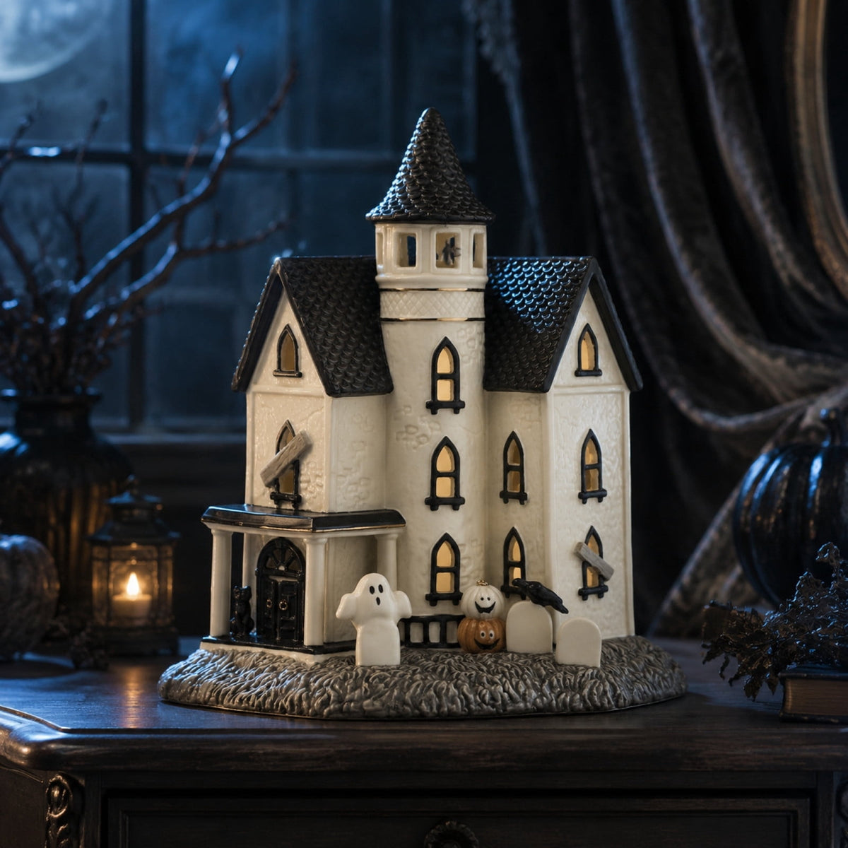 Vintage Halloween Light-Up House Figurine, 8In Resin House Halloween Decor Indoor Pumpkins Ghost Fall Decor Spooky Table Decoration