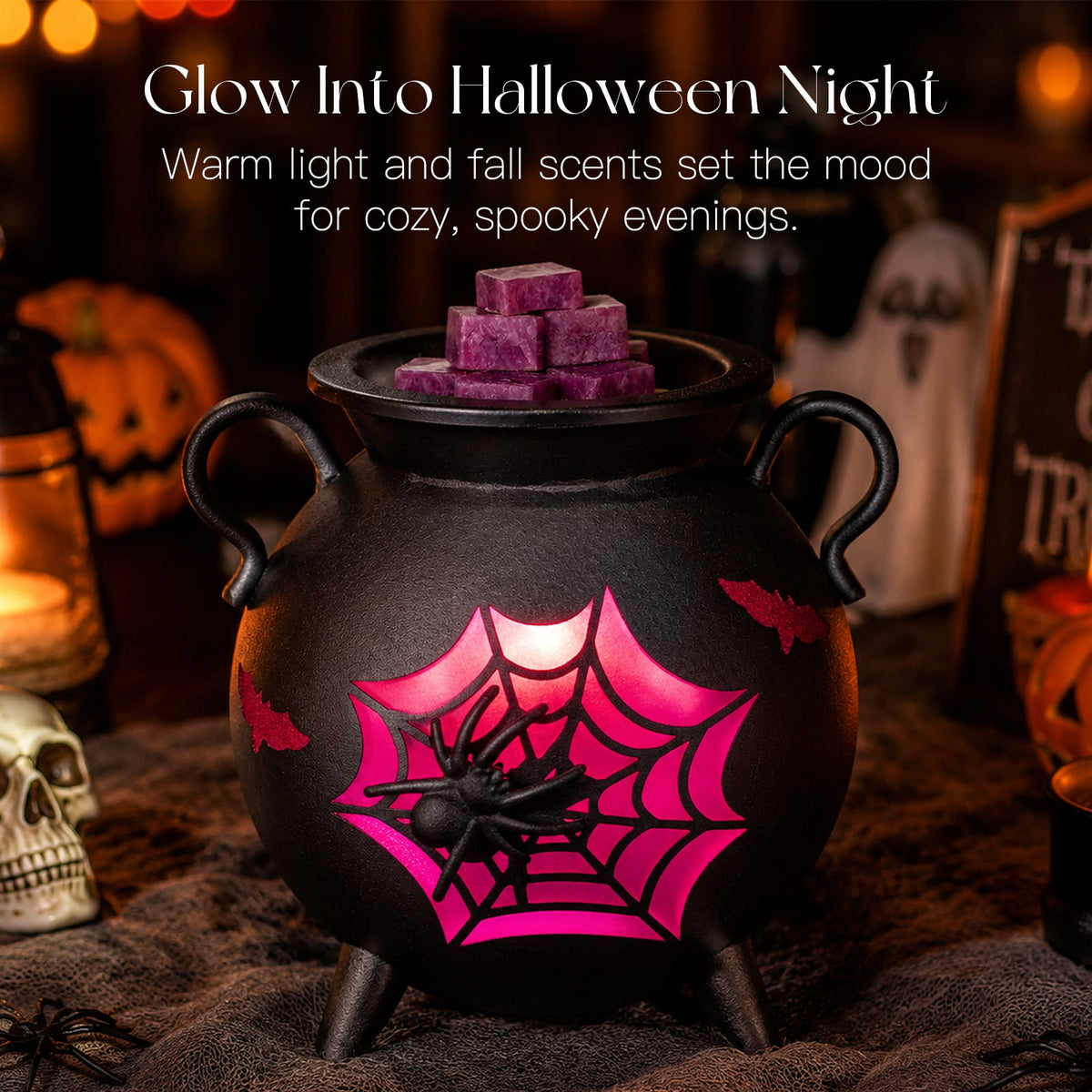 Sziqiqi Gothic Cauldron Wax Warmer: Halloween Electric Wax Melter with 2 Bulbs Spider Web Design Removable Dish for Scented Wax Spooky Home Decor Gift