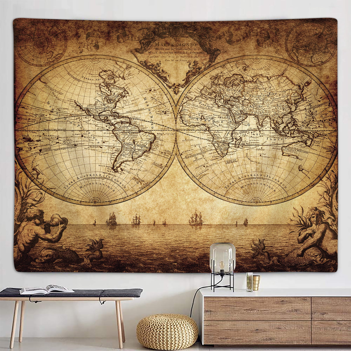 Old World Map Tapestry, Vintage Wanderlust Pirate Map Tapestry Wall Hanging for Men Bedroom, Historical Atlas Tapestries Poster Beach Blanket College Dorm Home Decor,71x60In