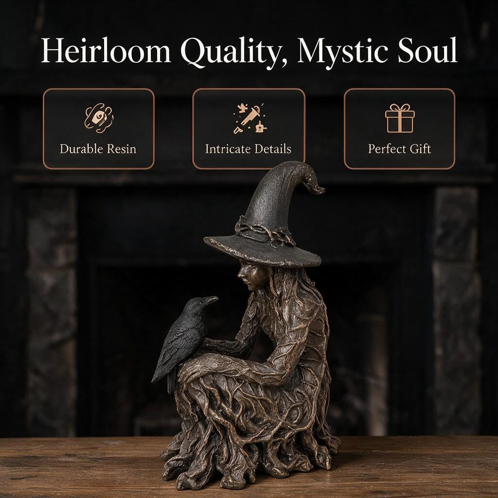 Witch Statue, Gothic Witch and Raven Figurine, Mystical Resin Tabletop Decor for Home, Shelf, Mantel, Office & Halloween Decoration