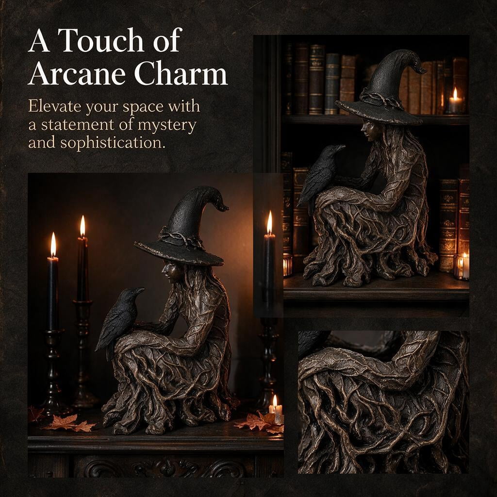 Witch Statue, Gothic Witch and Raven Figurine, Mystical Resin Tabletop Decor for Home, Shelf, Mantel, Office & Halloween Decoration