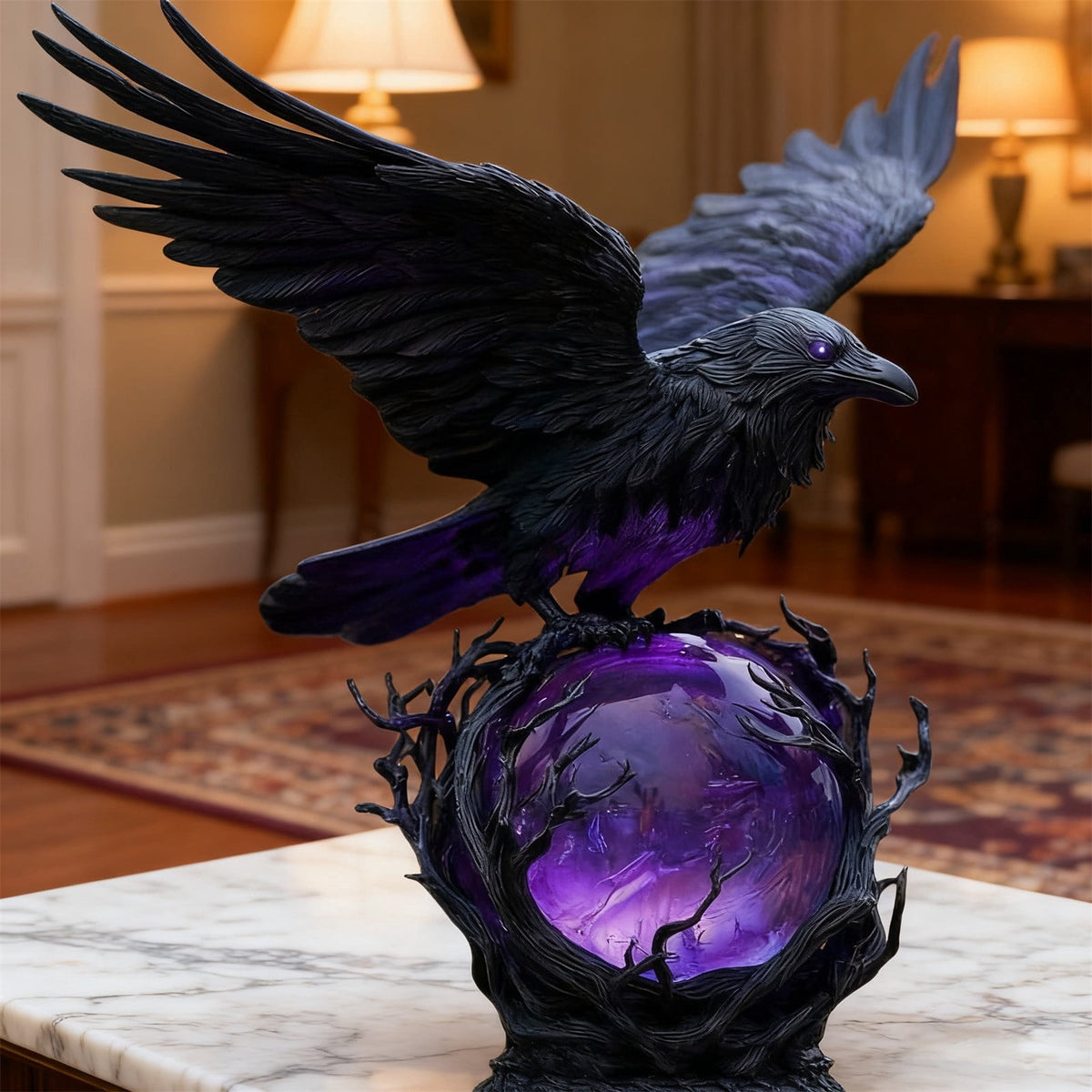 Hallowmas Gothic LED Table Lamp Mysterious Crow on Glowing Sculpture, Mysterious Dark Crow on Glowing Orb Light Sculpture, Spooky Ravens Crow Table Lamps