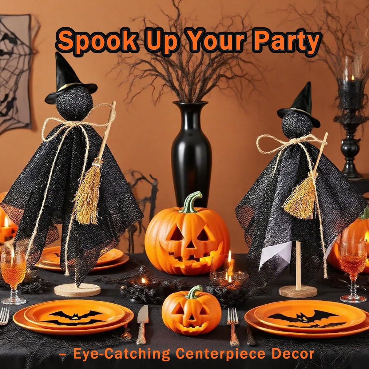 Halloween Decorations Indoor, 3 Set Primitive Halloween Ghosts with Hat, Wooden Stand Ghost Decor for Table Centerpieces, Mantels, Shelves, Vintage Spooky & Festive Party Decor