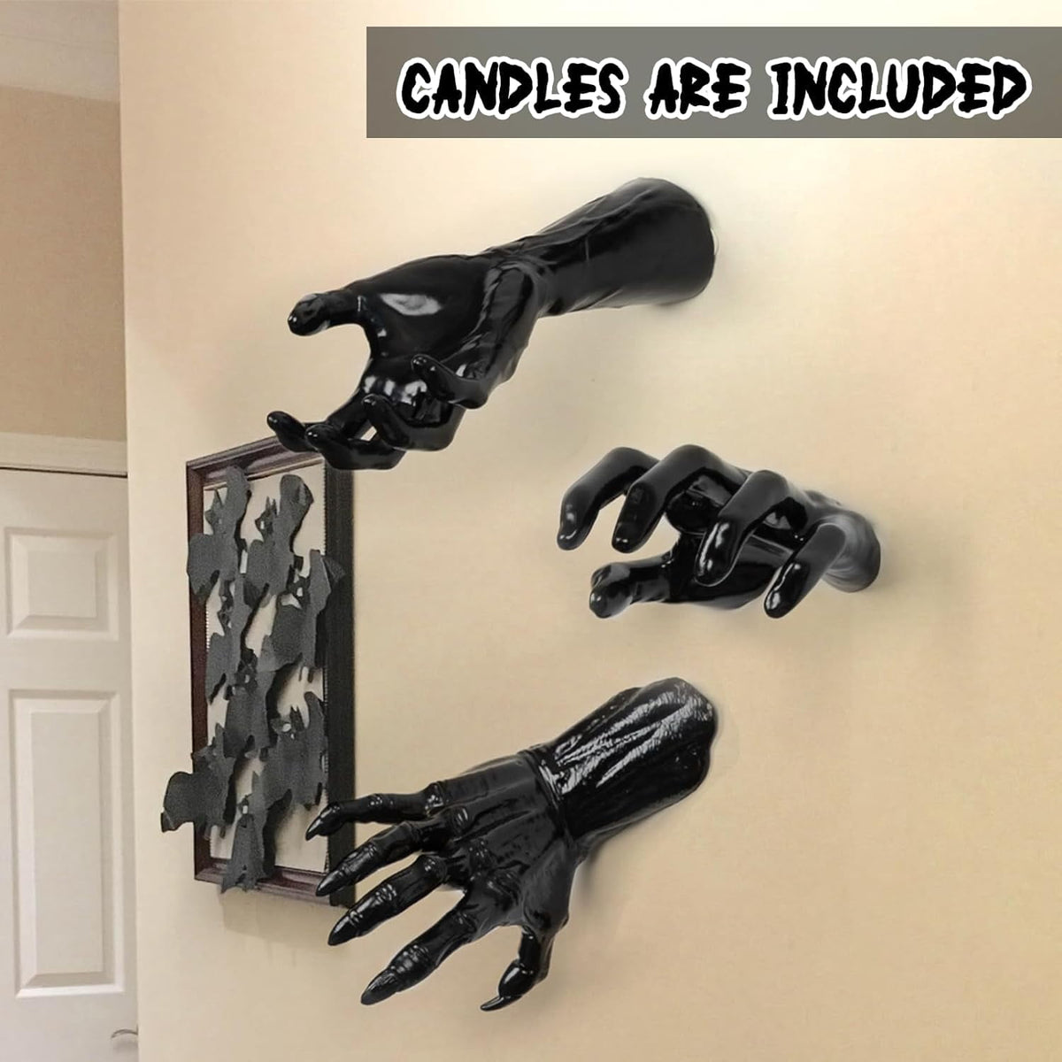 Dakimoe Halloween Decorations Indoor Outdoor Pack of 3 Wall Mounted Creepy Reaching Hands with Lighted Candles Life-Sized Horror Hands for Wall Decorations Gothic Hanging Wall Art Sculpture