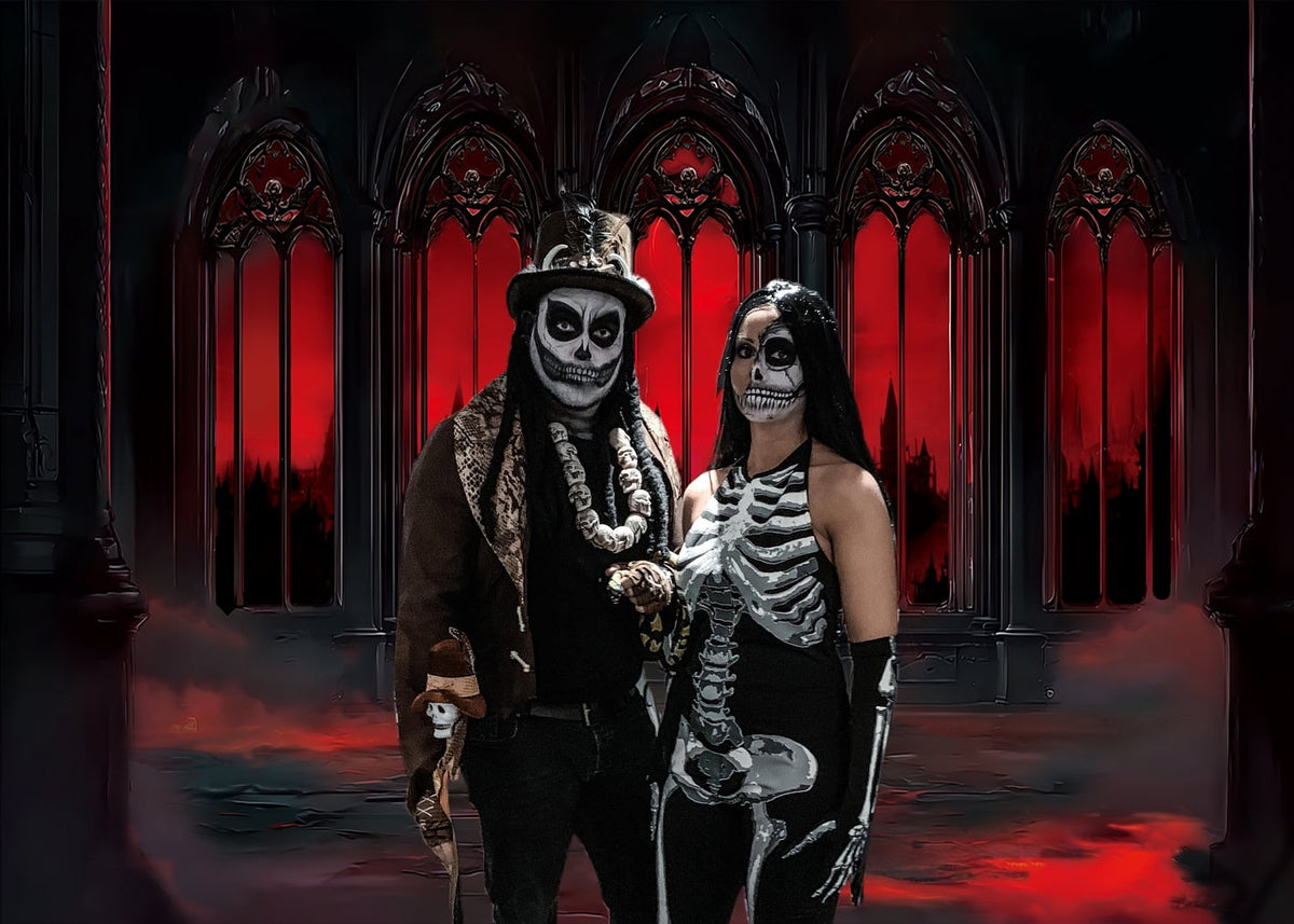 8x6FT Halloween Vintage Gothic Castle Backdrop Red Medieval Hall Photography Background for Halloween Haunted House Party Decorations Photo Props Vinyl