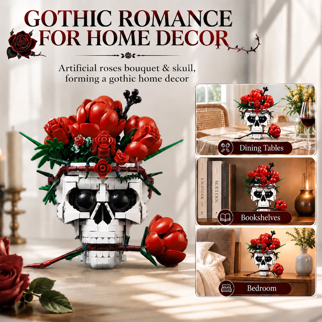 Skull Roses Flower Bouquet Building Set, Horror Skeleton Botanical Brick Kit for Adults, Gothic Decor with Red Roses, Unique Goth Gift for Halloween & Valentine's Day (1065PCS)