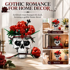 Skull Roses Flower Bouquet Building Set, Horror Skeleton Botanical Brick Kit for Adults, Gothic Decor with Red Roses, Unique Goth Gift for Halloween & Valentine's Day (1065PCS)