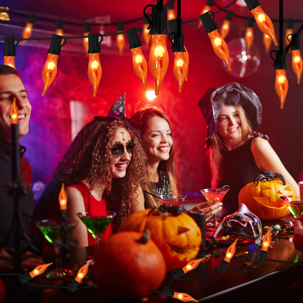 Halloween Decorations - Indoor and Outdoor Flickering Flame String Lights, 27.8ft C7 Vintage Flickering Flame String Lights, Orange String Lights with 25 Orange Clear Flame Bulbs (E12 Bulbs, Black Wi