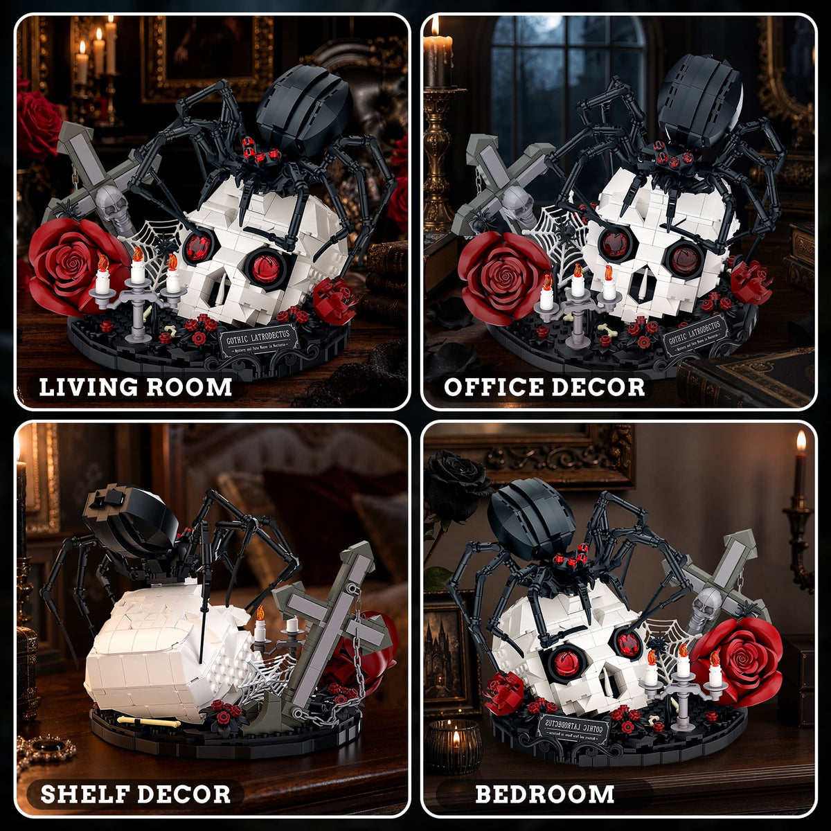 Gothic Skull Black Spider Building Block Sets with Rose, 858Pcs Dark Horror Art Decor Collectible, Halloween Gift for Teens Adults 14+