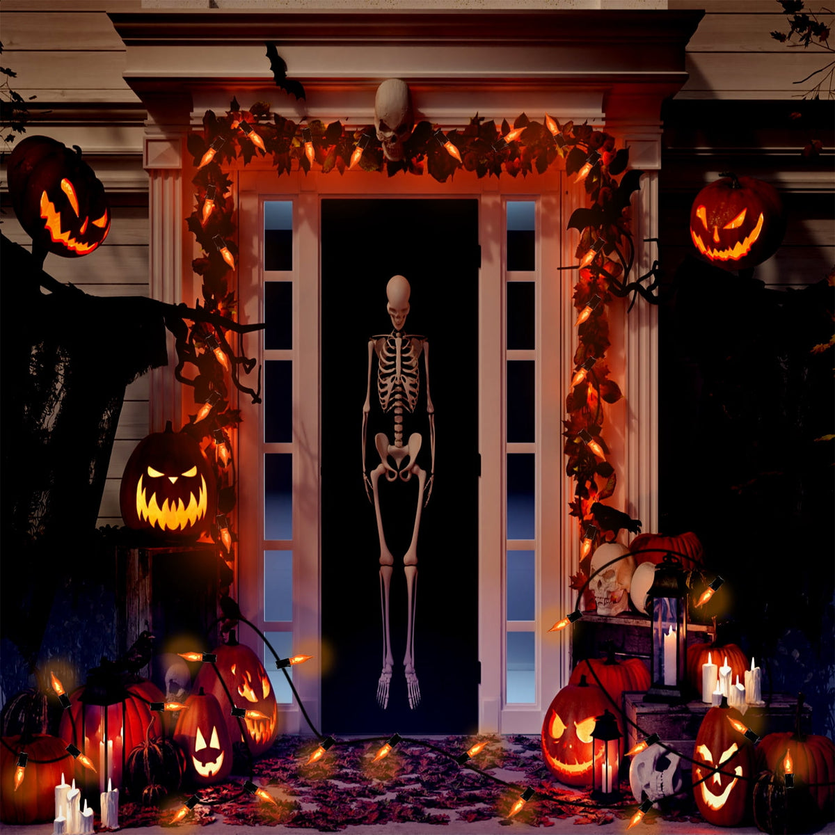 Halloween Decorations - Indoor and Outdoor Flickering Flame String Lights, 27.8ft C7 Vintage Flickering Flame String Lights, Orange String Lights with 25 Orange Clear Flame Bulbs (E12 Bulbs, Black Wi