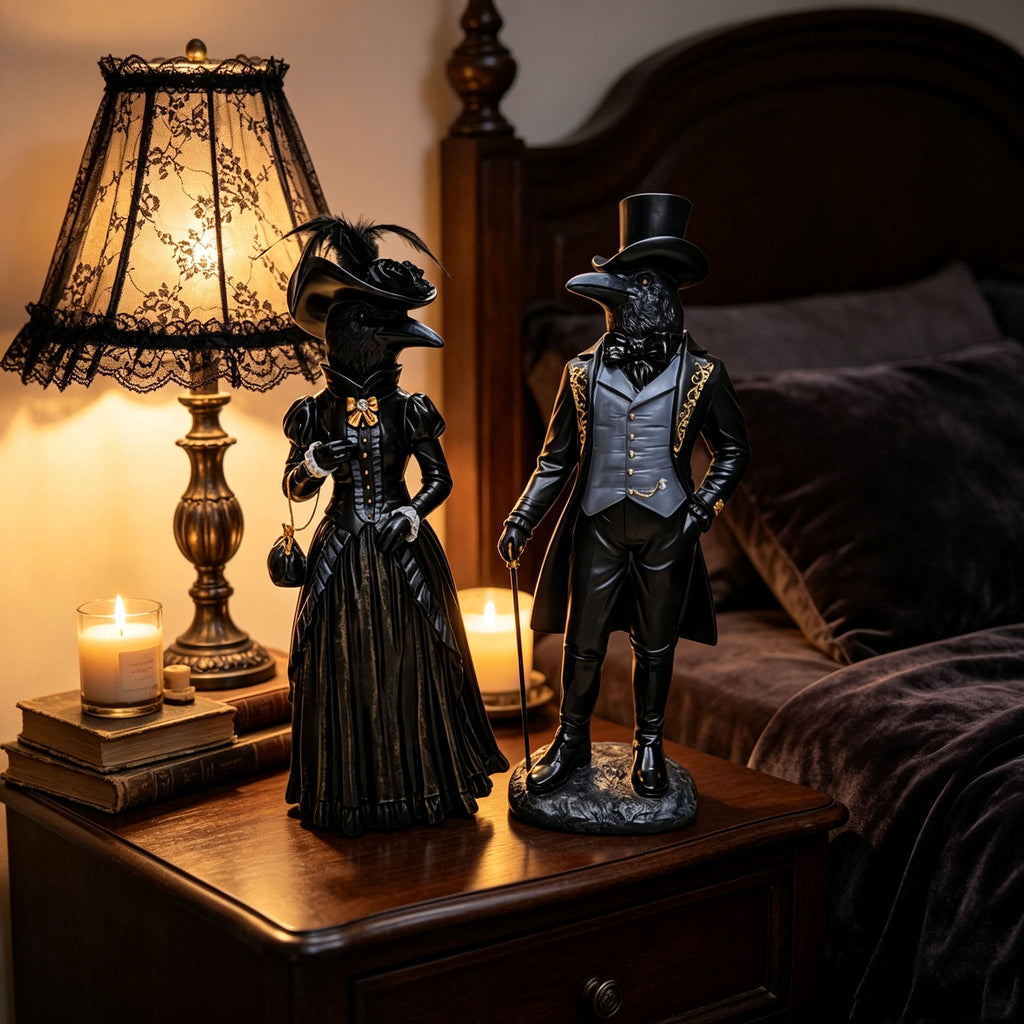Gothic Raven Figurine Set, Victorian Raven Couple Statue, Elegant Gentleman and Lady Resin Decor, Dark Academia Tabletop Ornament for Halloween Mantel Shelf Vintage Home Display