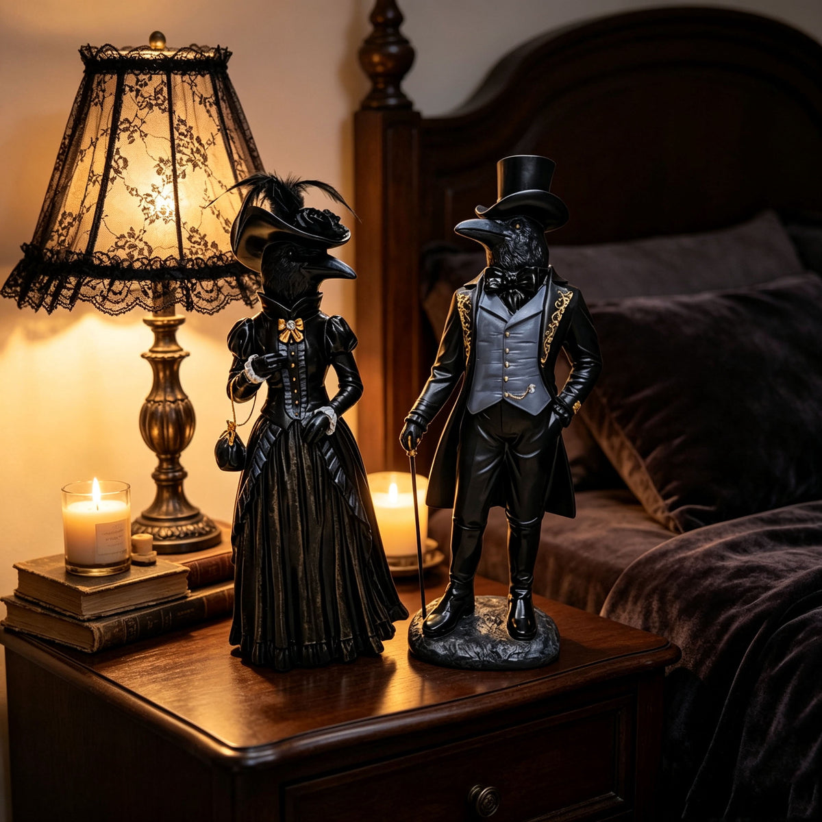 Gothic Raven Figurine Set, Victorian Raven Couple Statue, Elegant Gentleman and Lady Resin Decor, Dark Academia Tabletop Ornament for Halloween Mantel Shelf Vintage Home Display