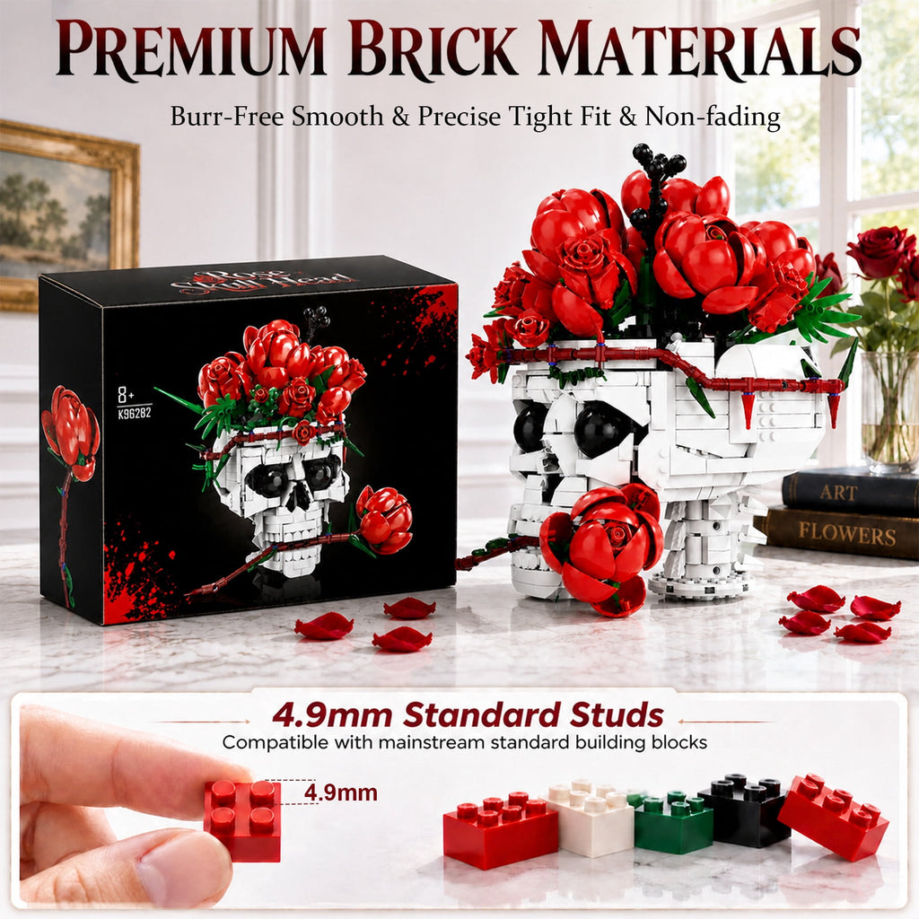 Skull Roses Flower Bouquet Building Set, Horror Skeleton Botanical Brick Kit for Adults, Gothic Decor with Red Roses, Unique Goth Gift for Halloween & Valentine's Day (1065PCS)