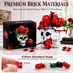 Skull Roses Flower Bouquet Building Set, Horror Skeleton Botanical Brick Kit for Adults, Gothic Decor with Red Roses, Unique Goth Gift for Halloween & Valentine's Day (1065PCS)