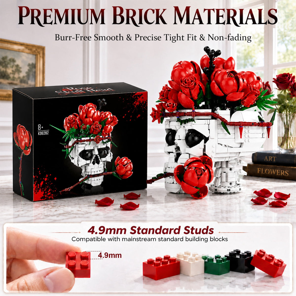 Skull Roses Flower Bouquet Building Set, Horror Skeleton Botanical Brick Kit for Adults, Gothic Decor with Red Roses, Unique Goth Gift for Halloween & Valentine's Day (1065PCS)