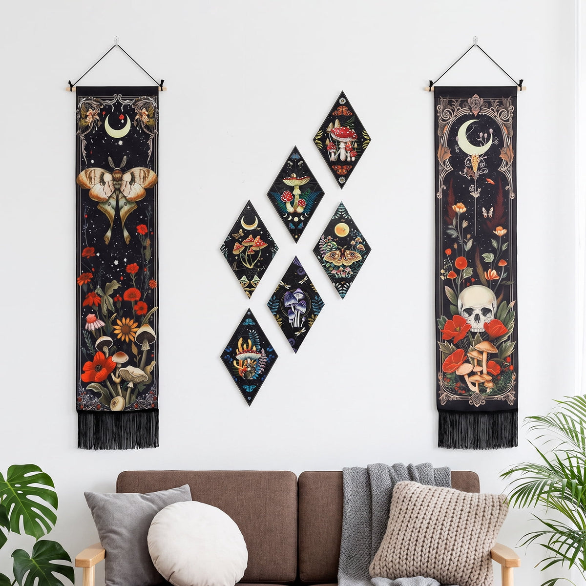 Gothic Wall Decor Set, 2-Pack Butterfly Floral Tapestry for Bedroom with 6 Wood Diamond Wall Hangings, Dark Cottagecore Room Art