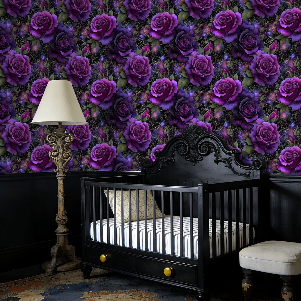 Peel and Stick Wallpaper Vintage Gothic Dark Purple Roses Damask 23.6in x 9.8ft Self Adhesive Contact Paper Removable