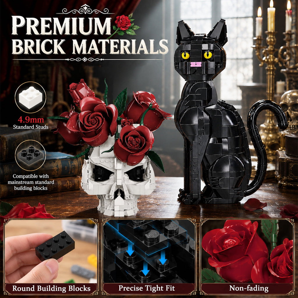 Gothic Cat & Skull Building Set, Dark Aesthetic Black Cat and Rose Display Model, Gothic Art Home Decor, Decorative Building Kit, Halloween Display Piece, 1542 PCS
