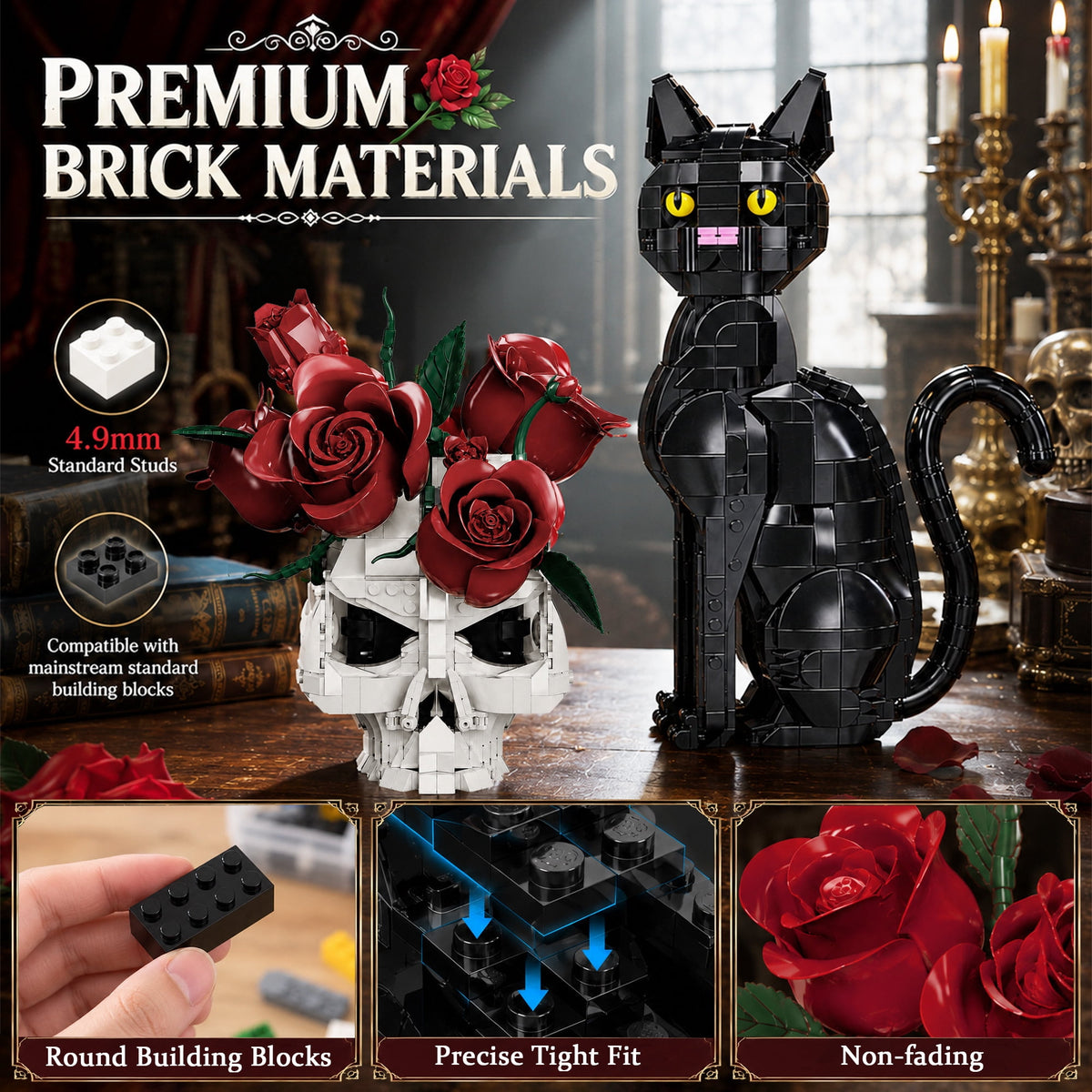 Gothic Cat & Skull Building Set, Dark Aesthetic Black Cat and Rose Display Model, Gothic Art Home Decor, Decorative Building Kit, Halloween Display Piece, 1542 PCS