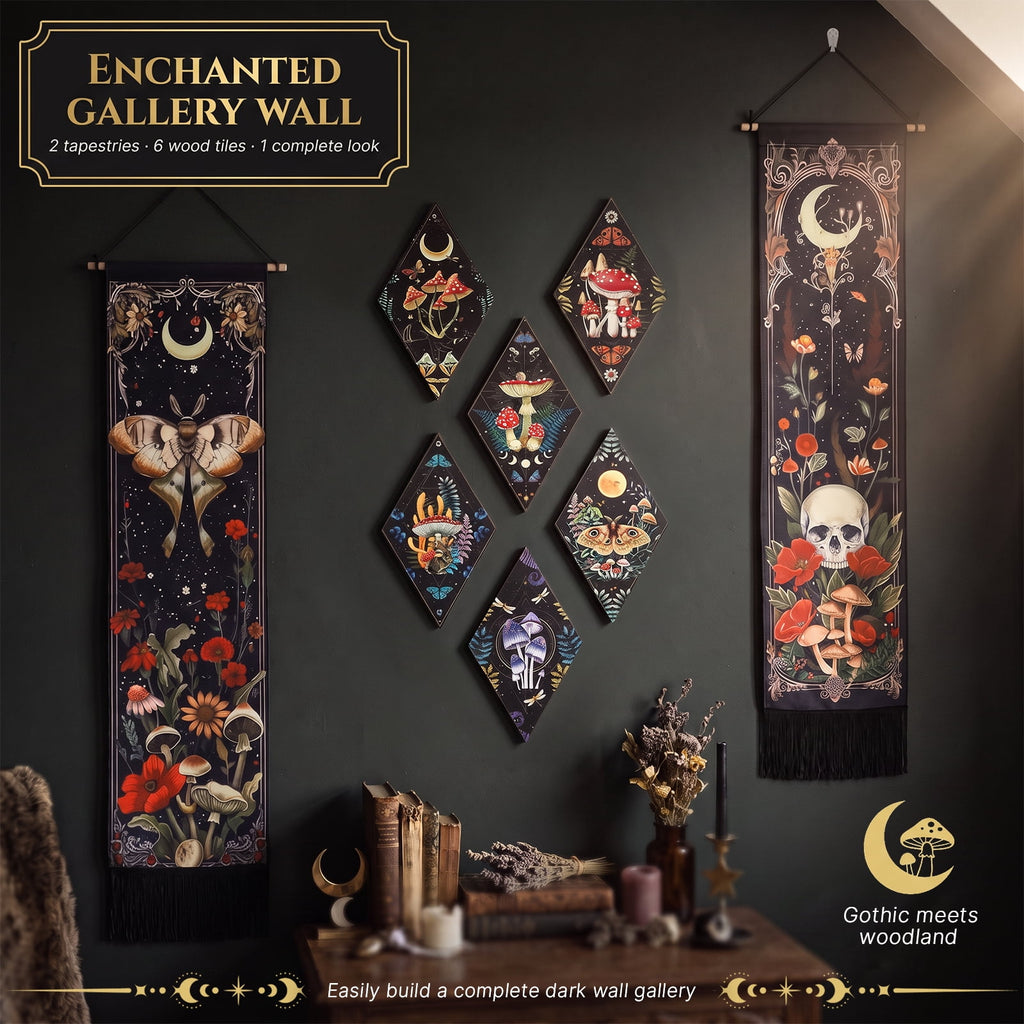 Gothic Wall Decor Set, 2-Pack Butterfly Floral Tapestry for Bedroom with 6 Wood Diamond Wall Hangings, Dark Cottagecore Room Art