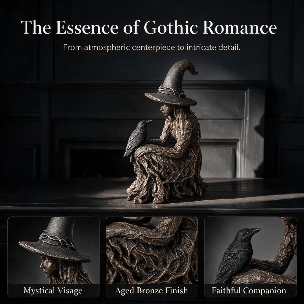 Witch Statue, Gothic Witch and Raven Figurine, Mystical Resin Tabletop Decor for Home, Shelf, Mantel, Office & Halloween Decoration