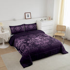 Adults Salmon Violet Damask Comforter Set Antique Victorian Baroque Bedding Set Twin,Gothic Vintage Floral Quilt Exotic Sugar Skull Duvet Insert,Gothic Bone Skeleton Bohemian Decor,Dark Purple