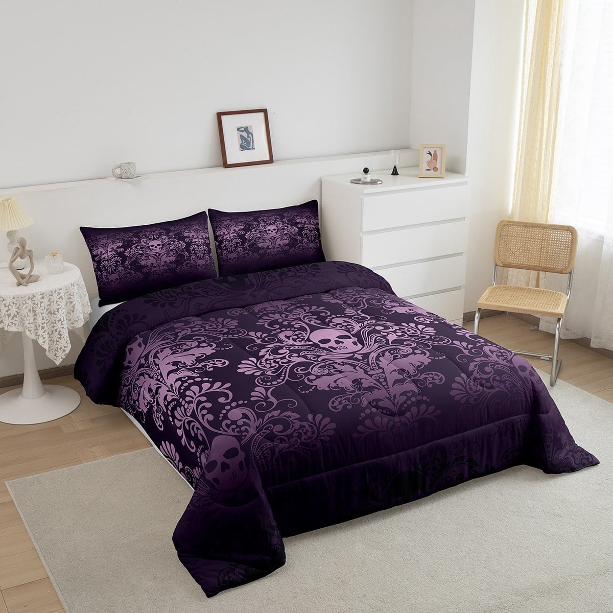 Adults Salmon Violet Damask Comforter Set Antique Victorian Baroque Bedding Set Twin,Gothic Vintage Floral Quilt Exotic Sugar Skull Duvet Insert,Gothic Bone Skeleton Bohemian Decor,Dark Purple