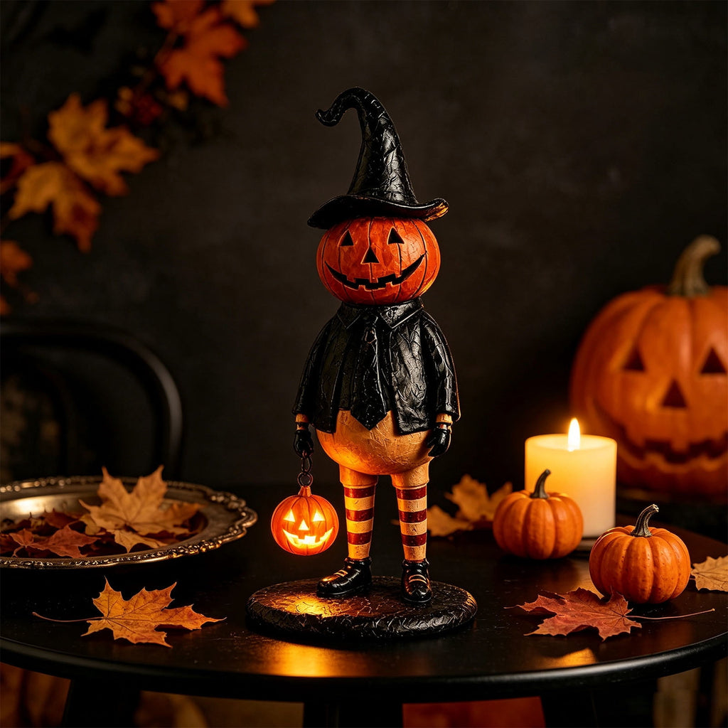 Halloween Pumpkin Head Figurine with Lighted Handheld Pumpkin Lantern - Vintage Witch Gentleman Tabletop Decor, Light Up O' Lantern Statue for Home Mantel Shelf Fall Decor