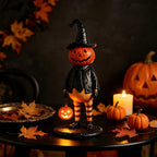 Halloween Pumpkin Head Figurine with Lighted Handheld Pumpkin Lantern - Vintage Witch Gentleman Tabletop Decor, Light Up O' Lantern Statue for Home Mantel Shelf Fall Decor