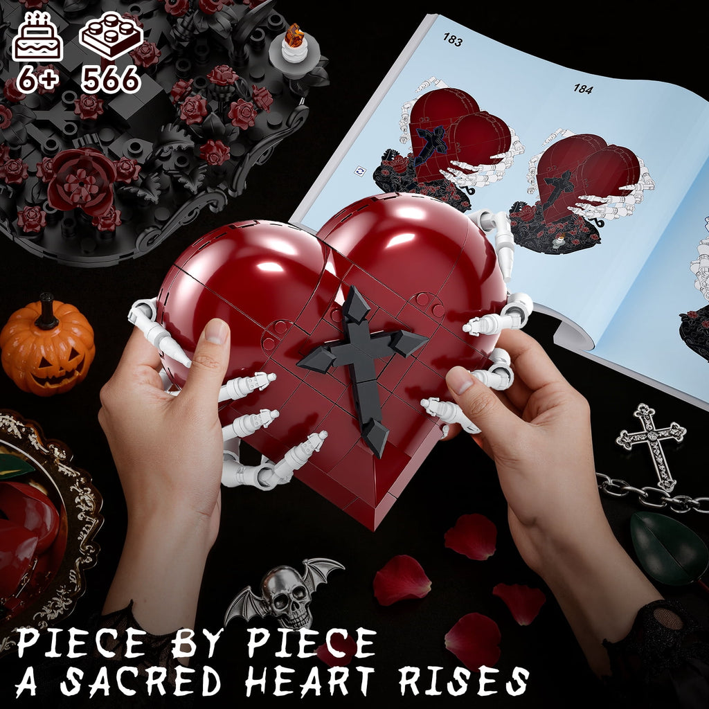 Sacred Heart Building Blocks Set - Gothic Red Heart Model, Dark Art Romantic Gift for Adults, Spooky Home Decor with Rose Base, 566Pcs