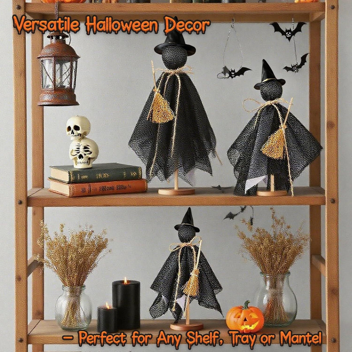 Halloween Decorations Indoor, 3 Set Primitive Halloween Ghosts with Hat, Wooden Stand Ghost Decor for Table Centerpieces, Mantels, Shelves, Vintage Spooky & Festive Party Decor
